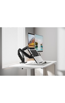 17-32" Çift Kollu Monitör Kolu + Laptop Tutucu Set 2x9 Kg Vesa Uyumlu Siyah
