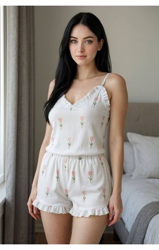Red Womans Şık Tasarım Beyaz Üstüne Çiçek Desenli Askılı Şortlu Pijama Takım Red Womans Şık Tasarım Beyaz Üstüne Çiçek Desenli Askılı Şortlu Pijama Takım