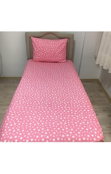 Lionas Tek Kişilik Ranforce Kumaş Lastiksiz Çarşaf Takımı Yıldız Pembe Pembe