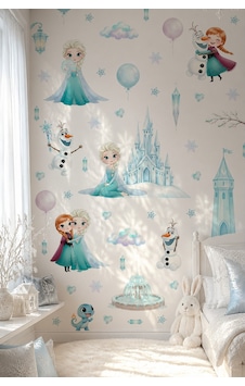 Karlar Ülkesi Temalı Duvar Sticker Seti 84 Parça Elsa, Anna, Olaf Buz Şatosu Çocuk Odası Sticker Dijital Baskı
