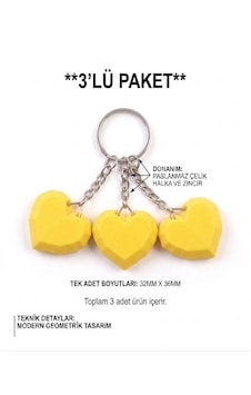 3'lü Geometrik Kalp 3d Anahtarlık & Çanta Süsü Sarı 3'lü Geometrik Kalp 3d Anahtarlık & Çanta Süsü Sarı