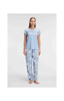 Anıl Ambalaj Herşeytrend Kısa Kol Bisiklet Yaka Kadın Viskon Çiçek Desenli Yazlık Örme Dantel Detaylı Pijama Tak Mavi