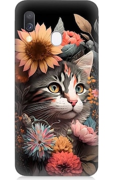 Samsung Galaxy A40 Uyumlu Çiçekler Ve Kül Gri Kedi Desenli Silikon Kılıf Samsung Galaxy A40 Uyumlu Çiçekler Ve Kül Gri Kedi Desenli Silikon Kılıf