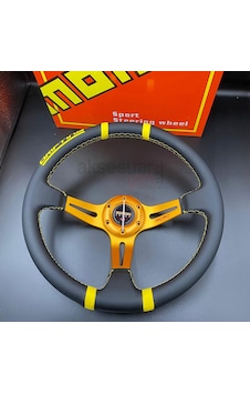 Momo Direksiyon Sarı İpli 38cm Ofsetli Model Deri Kaplama A+ Momo Direksiyon Sarı İpli 38cm Ofsetli Model Deri Kaplama A+
