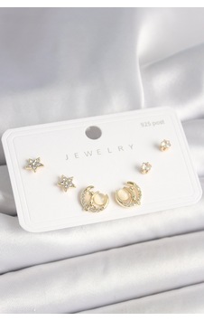 925 Ayar Gümüş Çivi Zirkon Taşlı Hilal Yıldız Model Kadın Küpe Seti Altın 925 Ayar Gümüş Çivi Zirkon Taşlı Hilal Yıldız Model Kadın Küpe Seti Altın