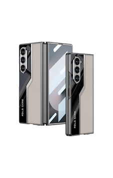 Samsung Uyumlu Galaxy Z Fold 6 Kılıf Ultra İnce Kamera Korumalı Pc + Deri Arka Yüzey Zore Kıpta Poligan Kapak Titanyum-Gri