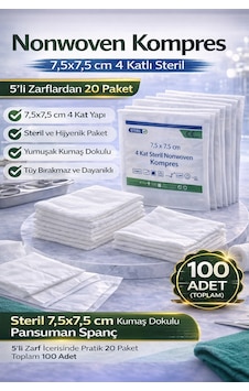 Nonwoven Kompres 7,5x7,5 Cm 4 Katlı Steril 100 Adet 5 Li Zarflardan 20 Paket Pansuman Spanç 1 Kutu Nonwoven Kompres 7,5x7,5 Cm 4 Katlı Steril 100 Adet 5 Li Zarflardan 20 Paket Pansuman Spanç 1 Kutu
