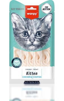 Wanpy Kitten Tavuklu Morina Balıklı Krema Yavru Kedi Ödülü 5x14 Gr Wanpy Kitten Tavuklu Morina Balıklı Krema Yavru Kedi Ödülü 5x14 Gr