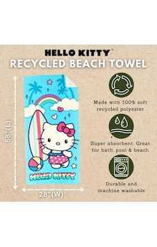 Franco Sanrio Hello Kitty Süper Yumuşak Hafif%100 Geri Dönüştürülmüş Plaj Havlusu Geri Dönüştürülmüş Plastik Şişelerden Üretilmiştir, 147 Cm X 71 Cm %100 Resmi Lisanslı Sanrio Ürünü Açık