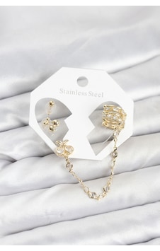 Kiraz Model Pirinç Gold Renk Zincir Bağlantılı Ear Cuff Küpe Seti Kiraz Model Pirinç Gold Renk Zincir Bağlantılı Ear Cuff Küpe Seti