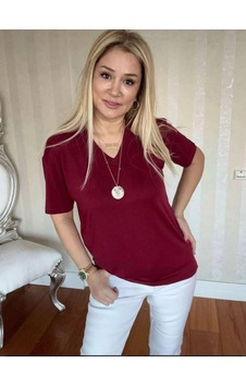 Defymoda Kadın Kısa Kollu V Yaka Bluz Bordo