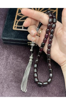 Alpaka Nakkaş İmameli Koyu Mürdüm Sıkma Kehribar Tesbih 9x11 Mm Bordo