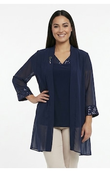 By Saygı V Yaka Pullu Kolsuz Bluz Bronşlu Kol Uçları Pullu Şifon Ceket Büyük Beden 2'li Takım Lacivert