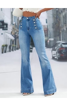 Yake Store Kadın Yüksek Bel Önden Düğme Detaylı Parçaya Doğru Geniş Kot Pantolon - Mavi Lacivert Yake Store Kadın Yüksek Bel Önden Düğme Detaylı Parçaya Doğru Geniş Kot Pantolon - Mavi Lacivert
