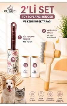 2'li Set Kedi Köpek Tüy Toplayıcı Rulo 150 Yaprak Ve Tek Tuşla Temizlenen Evcil Hayvan Tarağı