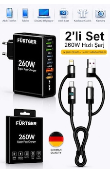 Fürtger German Frt-25w Si 260w 3 Type-c + 3 Usb-a Toplam 6 Çıkışlı Süper Hızlı Şarj Aleti + 4 Başlıklı Şarj Kablosu Fürtger German Frt-25w Si 260w 3 Type-c + 3 Usb-a Toplam 6 Çıkışlı Süper Hızlı Şarj Aleti + 4 Başlıklı Şarj Kablosu