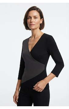 Neden Tekstil Kadın Siyah Gri Kruvaze V Yaka Slim Fit Uzun Kol Bluz