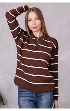 Kadın Polo Yaka Oversize Çizgili Fermuarlı Triko Kazak Kahverengi Kadın Polo Yaka Oversize Çizgili Fermuarlı Triko Kazak Kahverengi