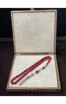 Alpaka Zincir Püsküllü Sıkma Kehribar Tesbih Kırmızı, 7x11 Mm