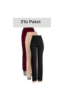 Thiff Gymwear Krep Kumaş Likralı Kadın Palazzo Pantolon 3'lü Set Bordo-Bej-Siyah