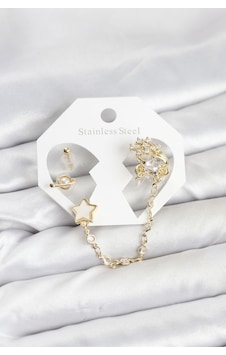 Pirinç Gold Renk Yıldız Model Zincir Bağlantılı Ear Cuff Küpe Seti Pirinç Gold Renk Yıldız Model Zincir Bağlantılı Ear Cuff Küpe Seti