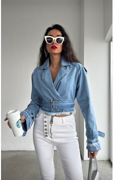 Denim Püskül Detaylı Kot Ceket Mavi