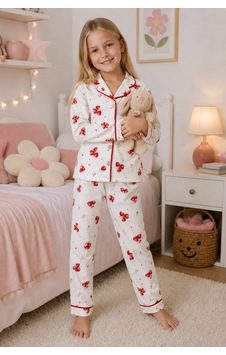 Beniizle Kız Çocuk Çilek Desenli Uzun Kollu Pijama Takımı Beyaz