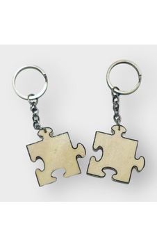 Ahşap Puzzle Sevgili Anahtarlığı 2 Adet Altın - Gümüş