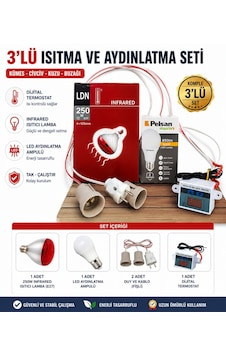 3 Lü Set Infrared Isıtıcı Lamba 250w + Led Ampul + Dijital Termostat Civciv Kuzu Kümes Isıtma