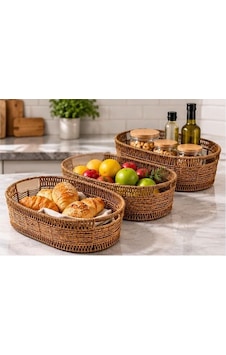 Üçlü Oval Rattan Sepet Açık Kahverengi