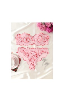 Lilly Dantel Çiçek Desenli Pembe İç Giyim Seti Pembe Pembe