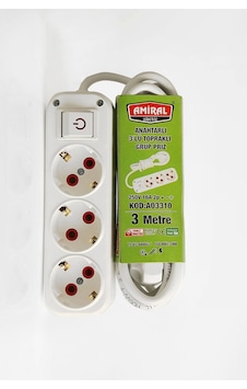 Amiral 3' Lü Topraklı Anahtarlı 3 Metre Kablolu Grup Priz 1