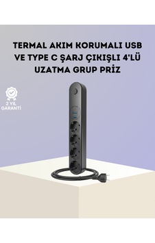 Akım Korumalı Çoklu Priz 4 Lü 2 Usb 1 Type-c 2500w Güçlü Tasarım Normal Akım Korumalı Çoklu Priz 4 Lü 2 Usb 1 Type-c 2500w Güçlü Tasarım Normal