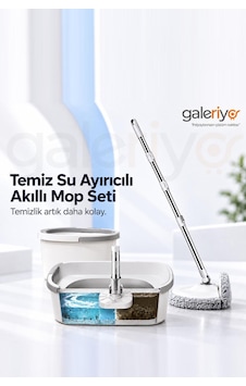 Galeriyo Temiz Su Ayırıcılı 360 Akıllı Mop Seti Çift Hazneli Mikrofiber Döner Mop