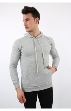 Modish İki İplik Kapşonlu Kanguru Cepli Erkek Günlük Sweatshirt Gri