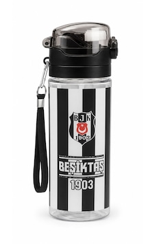 Beşiktaş Lisanslı Pipetli Plastik Matara - Kara Kartal Baskılı Kilitli Kapak Su Matarası 500 Ml Siyah - Beyaz