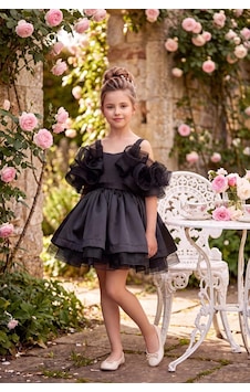 Kent Of Kids Kız Çocuk Abiye Siyah Saten Kat Kat Kabarık Prenses Volanlı Abiye Elbise 5-10 Yaş