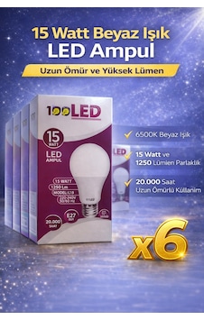 Led Ampul 15 Watt Beyaz Işık 6500k Yüksek Lümen E27 Duy Uzun Ömürlü 6 Adet