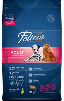 Felicia Düşük Tahıllı Kuzu Etli Yetişkin Köpek Maması 3 KG Felicia Düşük Tahıllı Kuzu Etli Yetişkin Köpek Maması 3 KG