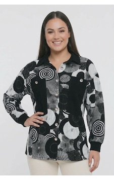 By Saygı Kadın Soyut Dairesel Desenli Büyük Cepli Büyük Beden Cotton Gömlek Siyah By Saygı Kadın Soyut Dairesel Desenli Büyük Cepli Büyük Beden Cotton Gömlek Siyah