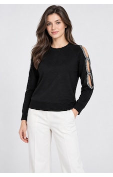 Bihan Store Kadın Omuz Ve Kol Pencere Detaylı Taş İşlemeli Triko Kazak W27-2901-siyah Bihan Store Kadın Omuz Ve Kol Pencere Detaylı Taş İşlemeli Triko Kazak W27-2901-siyah