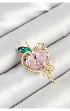 Mey İthalat Pembe Ve Yeşil Zirkon Taşlı 3d Eriyen Figürlü Gold Renk Kadın Broş