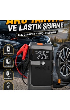 4 Fonksiyonlu Akü Takviye Cihazı Ve Dijital Lastik Şişirme Kompresörü Powerbank Led Işıklı