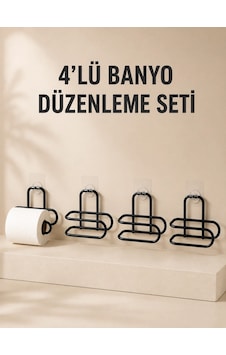 Mey İthalat 4 Adet Yapışkanlı Tuvalet Kağıdı Askısı Siyah Metal Delmeden Duvara Monte Wc Kağıtlık Renkli