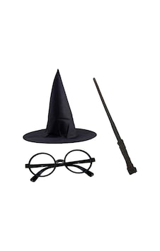 Harry - 835 - Potter Siyah Şapkası Harry Potter Gözlüğü Harry Potter Asası 3 - Csmo-tex - Lü Set