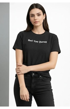 Vexor Wafıl Kumaş Tişört Regular Kalıp Bisiklet Yaka Baskılı Günlük Basic T-shirt - Siyah