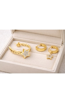 Çelik Halka Küpe Seti 3 Lü Küpe Model 6 Yıldız Detaylı & Sade Mini Halka, Kararma Yapmaz, Asimetrik Şık Tasarım Gold Çelik Halka Küpe Seti 3 Lü Küpe Model 6 Yıldız Detaylı & Sade Mini Halka, Kararma Yapmaz, Asimetrik Şık Tasarım Gold