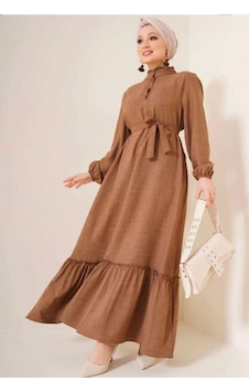 Lovie Moda Kadın Hakim Yaka Keten Elbise Kahverengi Lovie Moda Kadın Hakim Yaka Keten Elbise Kahverengi