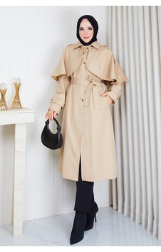 Dip Moda Kadın Bej Pelerin Detaylı Kuşaklı Düğmeli Uzun Trençkot Dpft015 Dip Moda Kadın Bej Pelerin Detaylı Kuşaklı Düğmeli Uzun Trençkot Dpft015