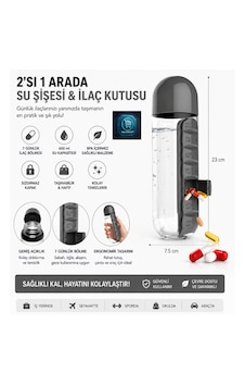 Su Şişesi & Ilaç Kutusu 2'si 1 Arada 600 Ml Matara Suluk Siyah Su Şişesi & Ilaç Kutusu 2'si 1 Arada 600 Ml Matara Suluk Siyah